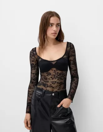 Body Disney Bambi de encaje negro de manga larga