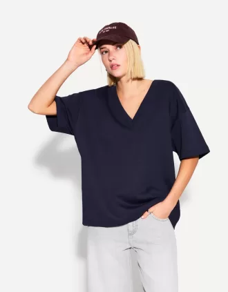 Camiseta de manga corta con cuello en V de algodón grueso