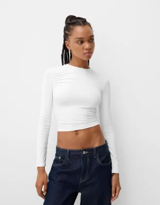 Camiseta fruncida de poliamida manga larga