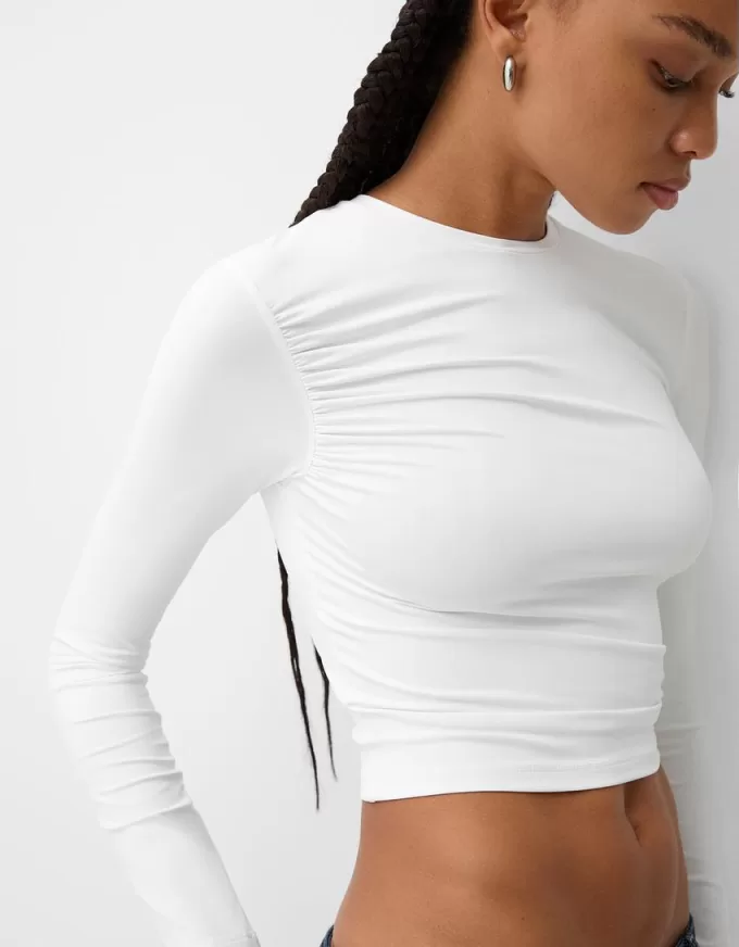 Camiseta fruncida de poliamida manga larga