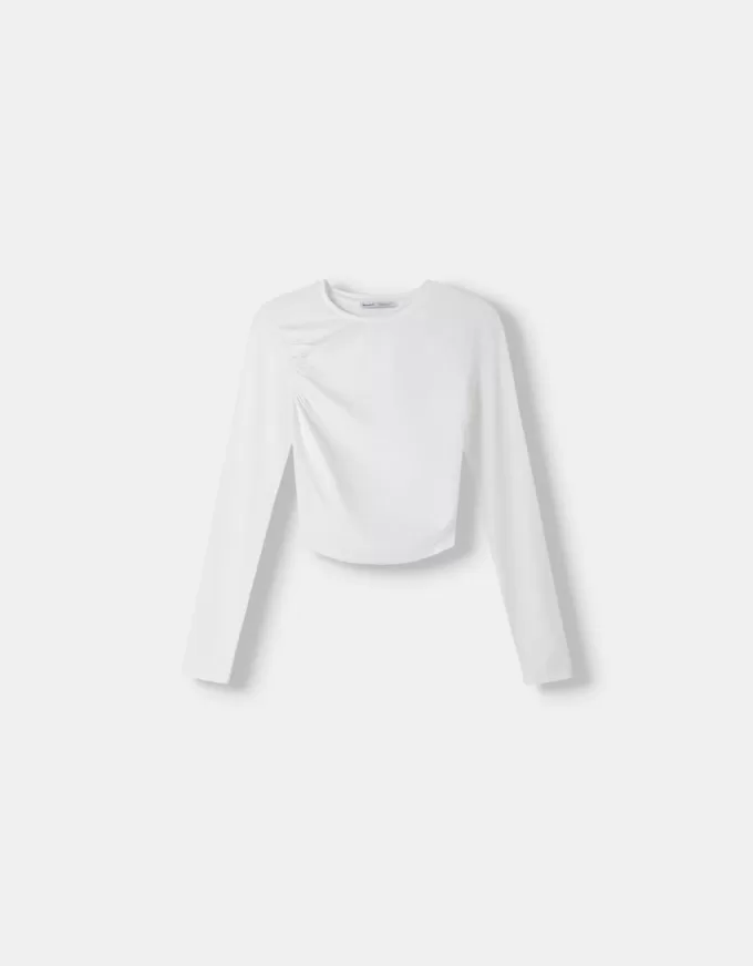 Camiseta fruncida de poliamida manga larga