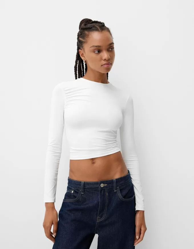 Camiseta fruncida de poliamida manga larga
