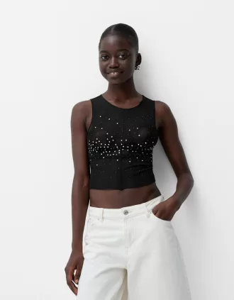 Camiseta sin mangas de tul strass