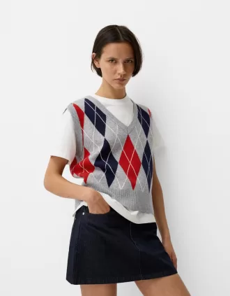 Chaleco con cuello en V y estampado de rombos