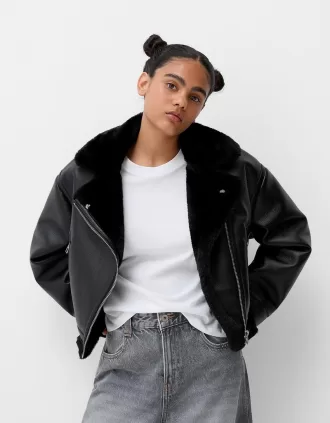 Chaqueta biker de borreguito sintético