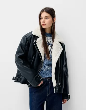 Chaqueta biker de borreguito sintético