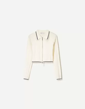 Chaqueta con cremallera y cuello polo de punto trenzado
