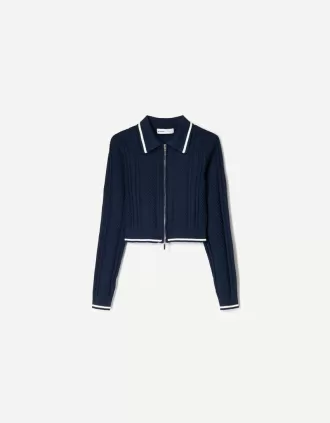 Chaqueta con cremallera y cuello polo de punto trenzado