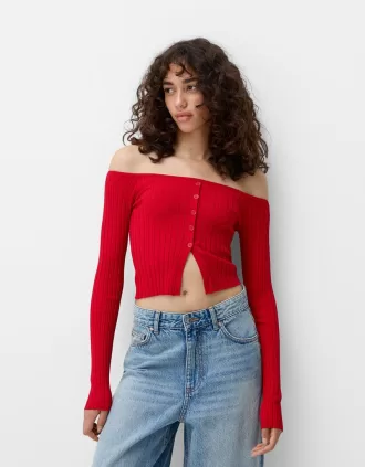 Jersey abierto con botones y escote Bardot
