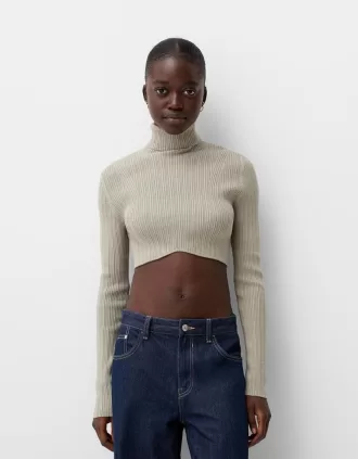 Jersey crop canalé cuello alto