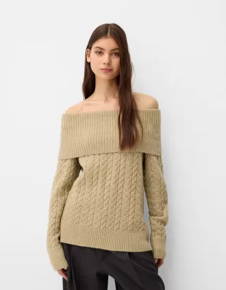 Jersey de punto trenzado con escote Bardot
