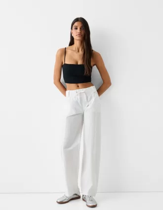 Pantalón recto de algodón con cintura de canalé
