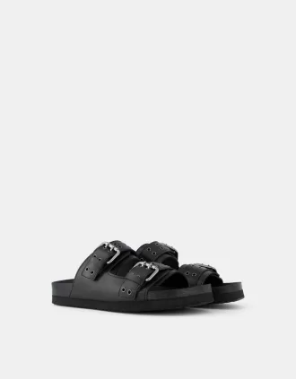 Sandalias planas tipo chancla PIEL con hebillas