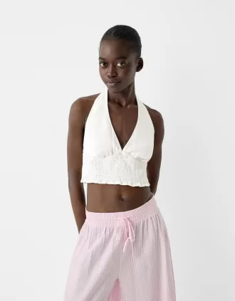 Top corto con cuello halter en mezcla de lino